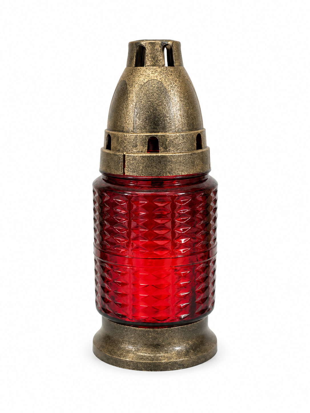Červený sklenený pietny lampáš