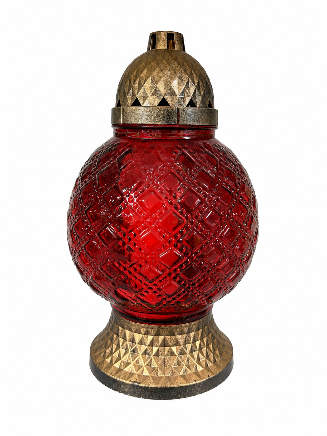 Červený sklenený pietny lampáš – guľa