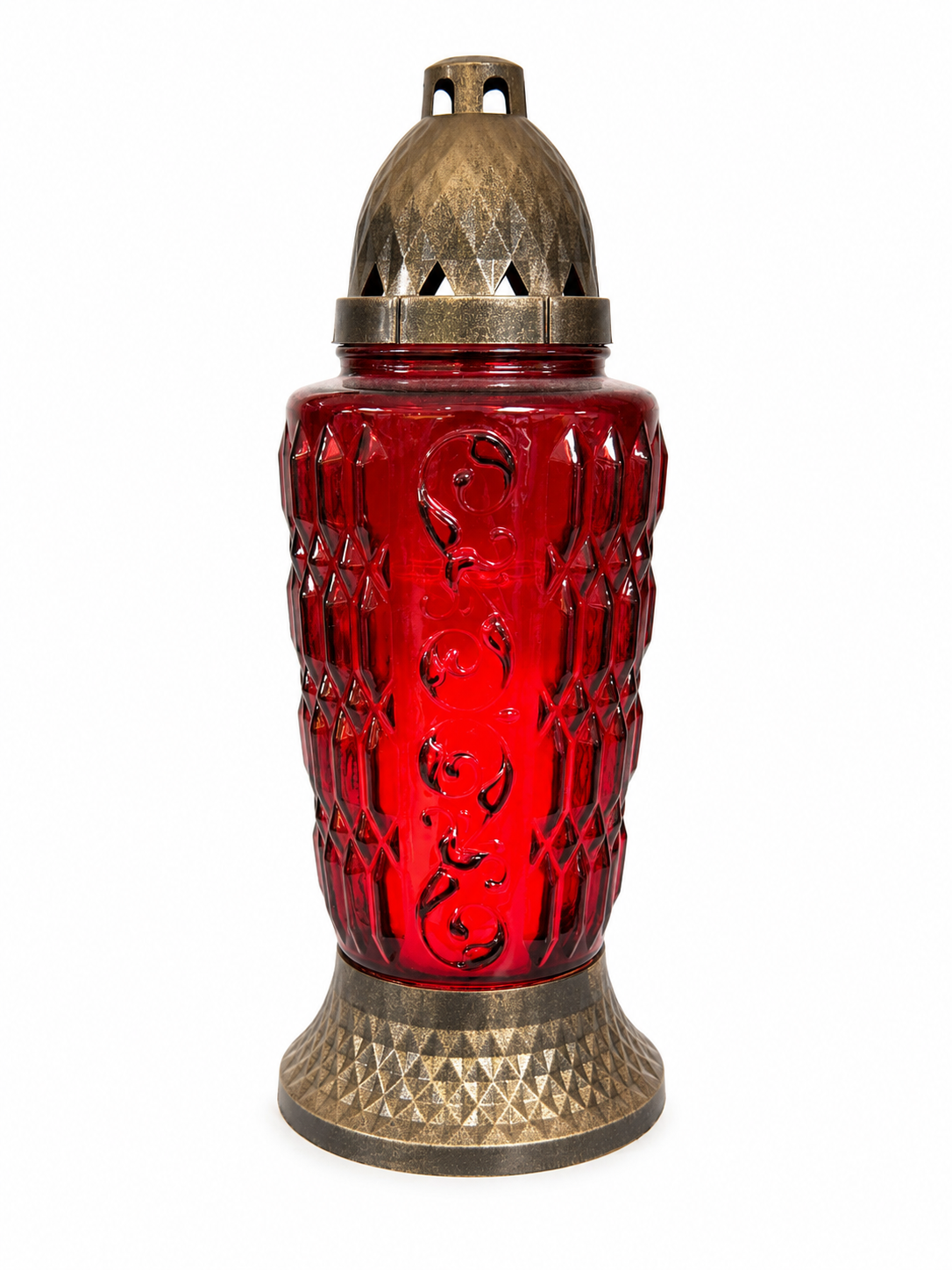 Červený sklenený pietny lampáš