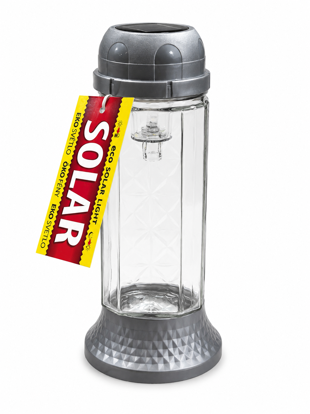 Sivý solárny sklenený pietny lampáš