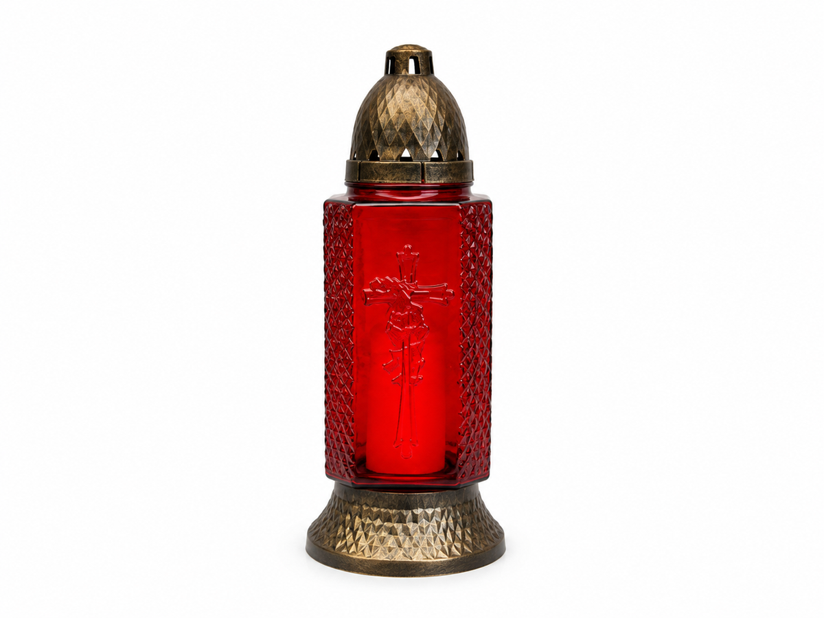 Červený sklenený pietny lampáš